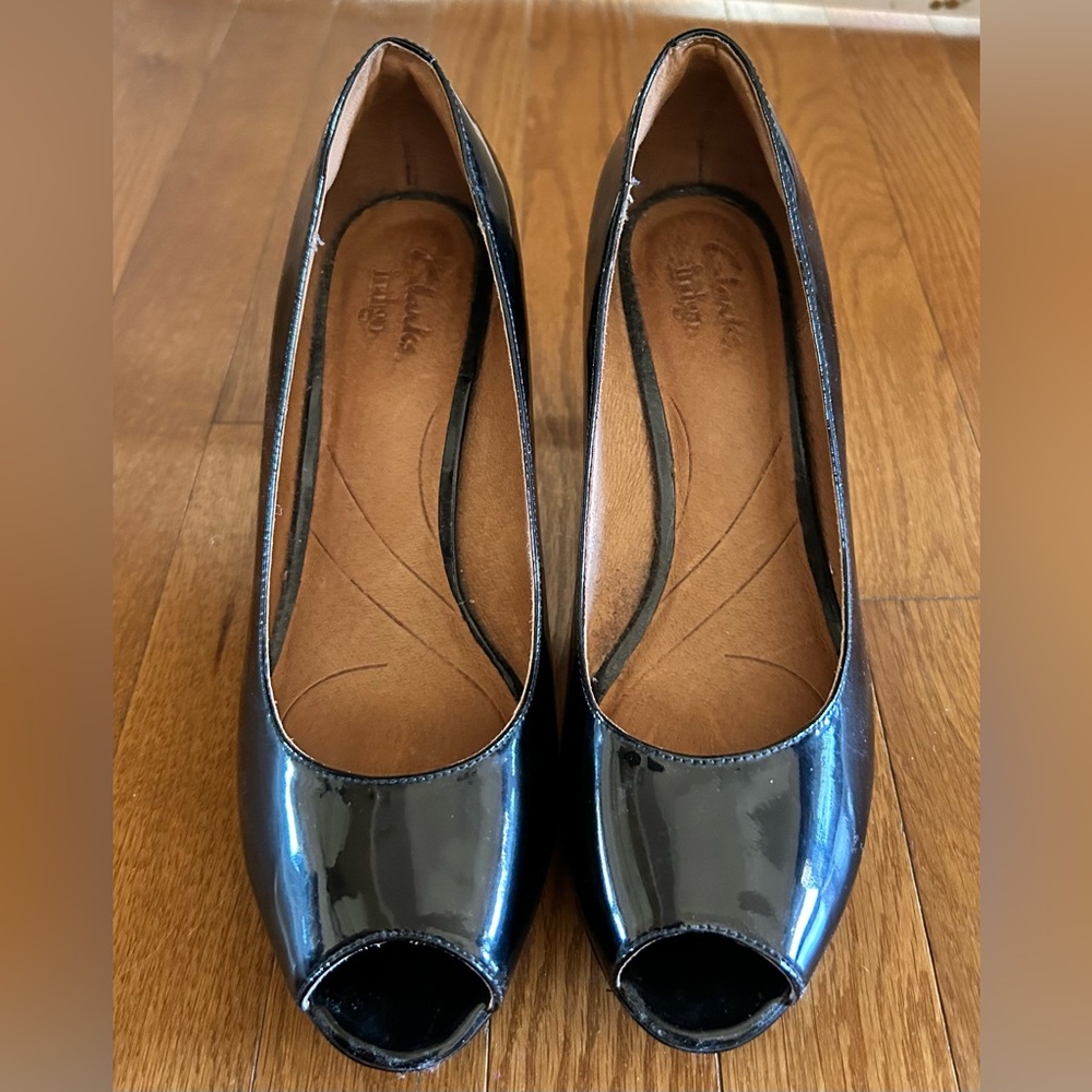 Clarks Peep-Toe Patent Leather Pumps